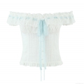 French Vintage White Off-Shoulder Lace Top Women Sweet Eyelet Embroidery Blouse With Light Blue Ribbon Bow Ruffle Hem Summer Short Shirt