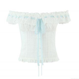 French Vintage White Off-Shoulder Lace Top Women Sweet Eyelet Embroidery Blouse With Light Blue Ribbon Bow Ruffle Hem Summer Short Shirt