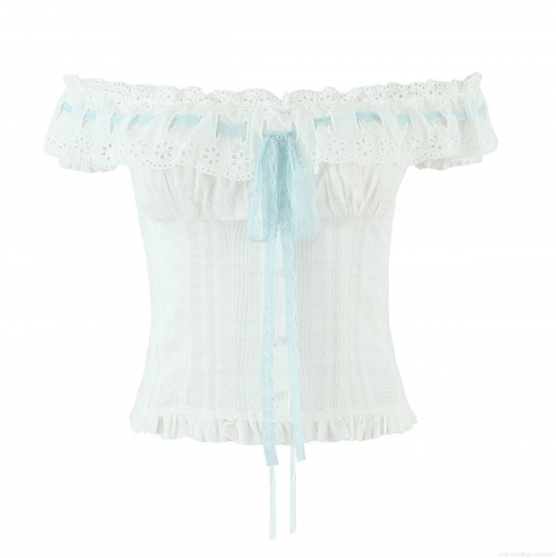 French Vintage White Off-Shoulder Lace Top Women Sweet Eyelet Embroidery Blouse With Light Blue Ribbon Bow Ruffle Hem Summer Short Shirt