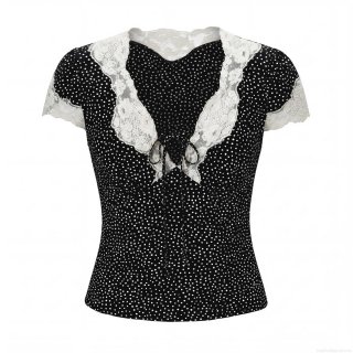 Women's Vintage Polka Dot Blouse 100% Rayon Lace Patchwork V-Neck Short Sleeve Top With Bow Tie Fashion Casual Summer Shirts For Women