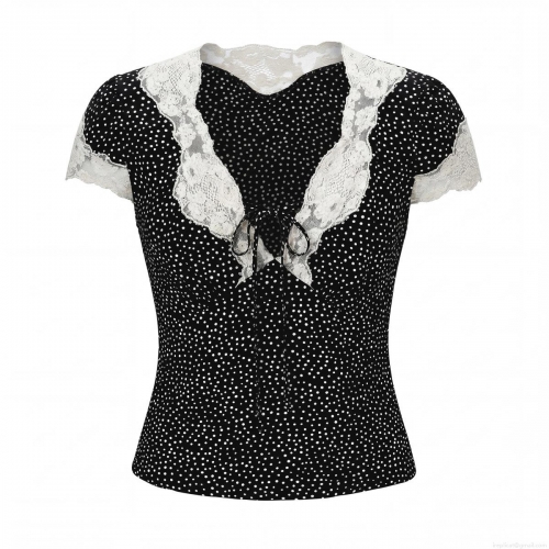 Women's Vintage Polka Dot Blouse 100% Rayon Lace Patchwork V-Neck Short Sleeve Top With Bow Tie Fashion Casual Summer Shirts For Women