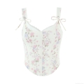 French Retro Floral Lace Mesh Corset Top Sexy Fishbone Camisole Women's Sweet Bustier With Bow Tie Straps Slim Fit Summer Party Clothing
