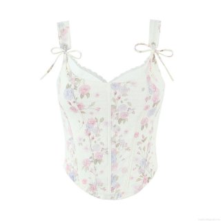 French Retro Floral Lace Mesh Corset Top Sexy Fishbone Camisole Women's Sweet Bustier With Bow Tie Straps Slim Fit Summer Party Clothing
