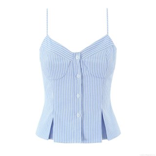 French Blue White Striped Camisole Women Sexy Sweetheart Neck Button Cropped Tank Top For Summer Beach Holiday Slim Fit Polyester Ruffle Hem Top