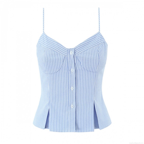 French Blue White Striped Camisole Women Sexy Sweetheart Neck Button Cropped Tank Top For Summer Beach Holiday Slim Fit Polyester Ruffle Hem Top