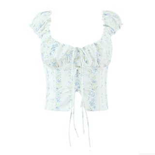 Women's French Retro Floral Crop Top Polyester Lace Up Front Puff Sleeve Blouse For Summer Vacation Dating Women Sweet Square Neck Shirt