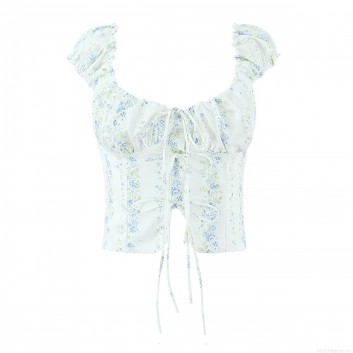 Women's French Retro Floral Crop Top Polyester Lace Up Front Puff Sleeve Blouse For Summer Vacation Dating Women Sweet Square Neck Shirt