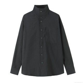 Women's Fashion Beaded Solid Color Long Sleeve Button Down Shirt Polyester Casual Stand Collar Blouse with Pocket Curved Hem Office Lady Poplin Top