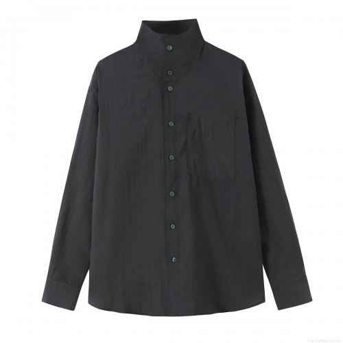 Women's Fashion Beaded Solid Color Long Sleeve Button Down Shirt Polyester Casual Stand Collar Blouse with Pocket Curved Hem Office Lady Poplin Top