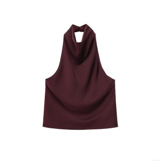 Women's Sexy Halter Neck Satin Top Elegant Wine Red Sleeveless Backless Silk Texture Tank Top For Party Club Summer Solid Color Vest