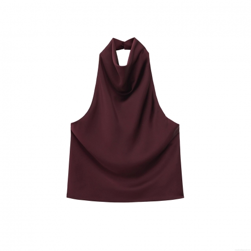 Women's Sexy Halter Neck Satin Top Elegant Wine Red Sleeveless Backless Silk Texture Tank Top For Party Club Summer Solid Color Vest
