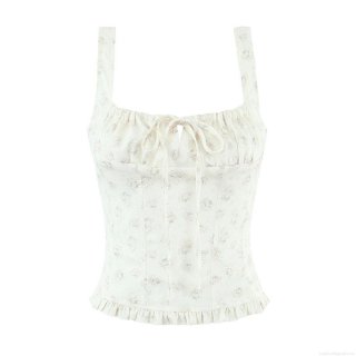 French Style Floral Cami Top Women Sweet Square Neck Ruched Drawstring Sleeveless Polyester Tank Top With Ruffle Hem For Summer Vacation Daily Wear