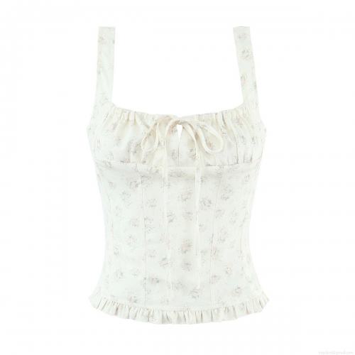 French Style Floral Cami Top Women Sweet Square Neck Ruched Drawstring Sleeveless Polyester Tank Top With Ruffle Hem For Summer Vacation Daily Wear