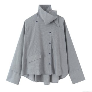 Women's Houndstooth Oversized Long Sleeve Shirt Asymmetrical Button Down Poplin Blouse Casual Elegant Loose Fit Grey Tops For Women Trendy Beaded Detail