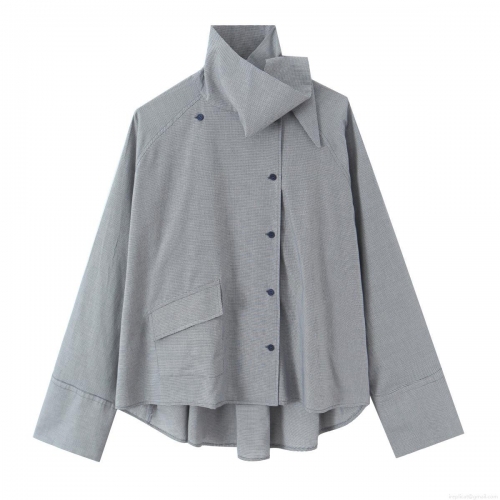 Women's Houndstooth Oversized Long Sleeve Shirt Asymmetrical Button Down Poplin Blouse Casual Elegant Loose Fit Grey Tops For Women Trendy Beaded Detail