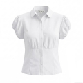 Women's Vintage White Puff Sleeve Shirt Slim Fit Waist-Cinching Cotton Blend Blouse Short Sleeve Elegant Top For Office Date