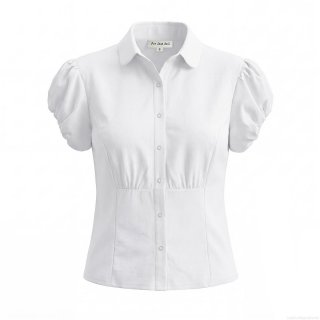 Women's Vintage White Puff Sleeve Shirt Slim Fit Waist-Cinching Cotton Blend Blouse Short Sleeve Elegant Top For Office Date