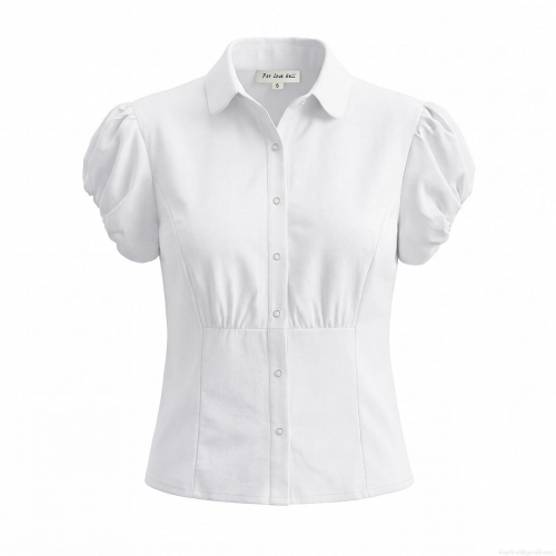 Women's Vintage White Puff Sleeve Shirt Slim Fit Waist-Cinching Cotton Blend Blouse Short Sleeve Elegant Top For Office Date