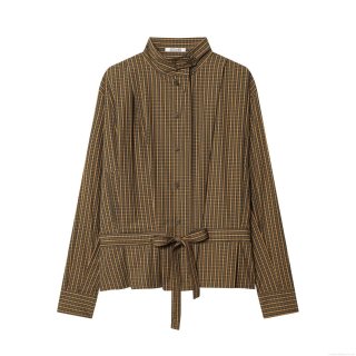 Women's Plaid Long Sleeve Blouse Shirt Polyester Retro Bow Tie Waist Button Down Stand Collar Casual Elegant Tops For Ladies