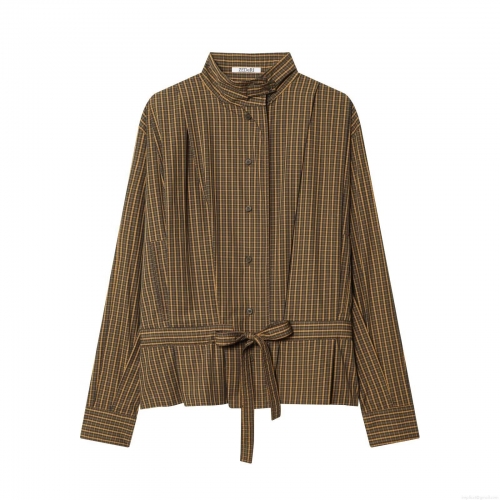 Women's Plaid Long Sleeve Blouse Shirt Polyester Retro Bow Tie Waist Button Down Stand Collar Casual Elegant Tops For Ladies