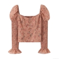 Women's French Floral Print Smocked Long Sleeve Blouse Square Neck Puff Sleeve Ruffle Cuff Slim Fit Sexy Polyester Streetwear Crop Top For Ladies