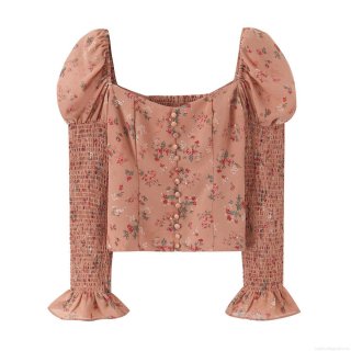 Women's French Floral Print Smocked Long Sleeve Blouse Square Neck Puff Sleeve Ruffle Cuff Slim Fit Sexy Polyester Streetwear Crop Top For Ladies