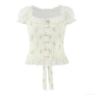 French Pastoral Floral Lace Chiffon Blouse For Women Square Neck Puff Sleeve Retro Sweet Crop Top Summer Casual Elegant Mesh Stitching Shirt