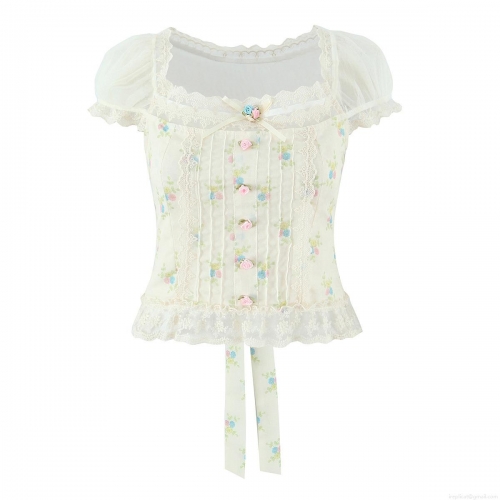 French Pastoral Floral Lace Chiffon Blouse For Women Square Neck Puff Sleeve Retro Sweet Crop Top Summer Casual Elegant Mesh Stitching Shirt