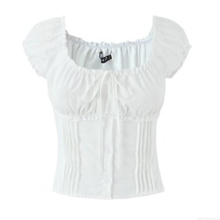 Women's French Vintage Square Neck Puff Sleeve Crop Top Sweet Ruffle Drawstring Off Shoulder White Blouse For Summer Beach Vacation