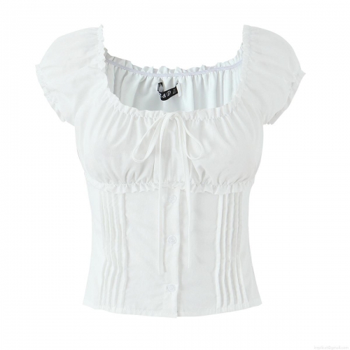 Women's French Vintage Square Neck Puff Sleeve Crop Top Sweet Ruffle Drawstring Off Shoulder White Blouse For Summer Beach Vacation