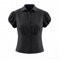 Women's Retro Black Puff Sleeve Shirt Cotton Blend Lapel Single Breasted Blouse Short Sleeve Slim Fit Waist Cinching Tops For Ladies Daily Casual Streetwear