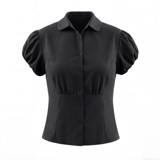 Women's Retro Black Puff Sleeve Shirt Cotton Blend Lapel Single Breasted Blouse Short Sleeve Slim Fit Waist Cinching Tops For Ladies Daily Casual Streetwear