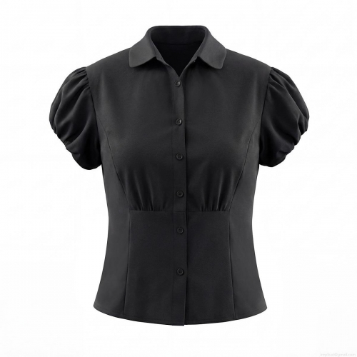 Women's Retro Black Puff Sleeve Shirt Cotton Blend Lapel Single Breasted Blouse Short Sleeve Slim Fit Waist Cinching Tops For Ladies Daily Casual Streetwear