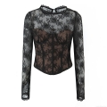 Women Sexy Black Lace Corset Top Long Sleeve See Through Mesh Floral Crochet Slim Fit Round Neck Bone Support Patchwork Contrast Lining Streetwear Party Blouse