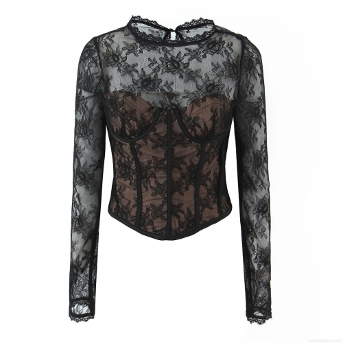 Women Sexy Black Lace Corset Top Long Sleeve See Through Mesh Floral Crochet Slim Fit Round Neck Bone Support Patchwork Contrast Lining Streetwear Party Blouse