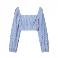 French Style Women's Blue White Striped Crop Top Long Puff Sleeve Square Neck Smocked Elastic Cuff Fashionable Casual Summer Vacation Polyester Blouse