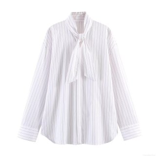 Fashion Striped Poplin Shirt For Women With Scarf Bow Tie Long Sleeve Vertical Stripe Blouse Lady Casual Office Tops