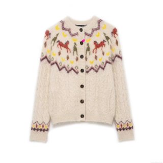 Women's Retro Knitted Cardigan Sweater Fair Isle Horse Pattern Round Neck Long Sleeve Single Breasted Knitwear Top Women Casual Soft Polyester Outerwear