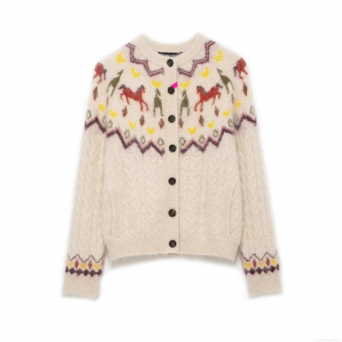 Women's Retro Knitted Cardigan Sweater Fair Isle Horse Pattern Round Neck Long Sleeve Single Breasted Knitwear Top Women Casual Soft Polyester Outerwear