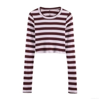 Women's Long Sleeve Striped Crop Top Round Neck Ribbed Knit T-Shirt Casual Streetwear Slim Fit Pullover Top Fashion Striped Clothing For Women
