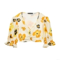 Women's Floral Print V-Neck Ribbed Crop Top Long Bubble Sleeve Ruffle Cuff Polyester Elegant Sweet Fashion Blouse Top