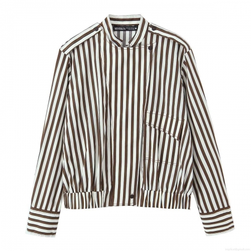 Women's Fashion Vertical Striped Long Sleeve Shirt Casual Lapel Blouse With Pockets And Elastic Hem For Commute Office Daily Wear Polyester Tops