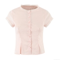 Women's 100% Cotton Lace Trim Blouse Round Neck Flutter Sleeve Button Down Solid Pink Shirt Casual Sweet Daily Top For Ladies