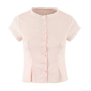 Women's 100% Cotton Lace Trim Blouse Round Neck Flutter Sleeve Button Down Solid Pink Shirt Casual Sweet Daily Top For Ladies
