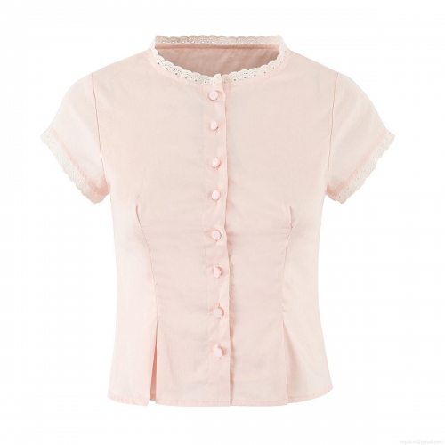 Women's 100% Cotton Lace Trim Blouse Round Neck Flutter Sleeve Button Down Solid Pink Shirt Casual Sweet Daily Top For Ladies