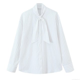 Women's Elegant Stripe Bow Tie Neck Long Sleeve Blouse Polyester Button Down Professional Commuter Shirt Top For Office Lady