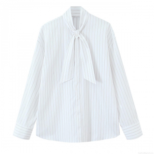 Women's Elegant Stripe Bow Tie Neck Long Sleeve Blouse Polyester Button Down Professional Commuter Shirt Top For Office Lady
