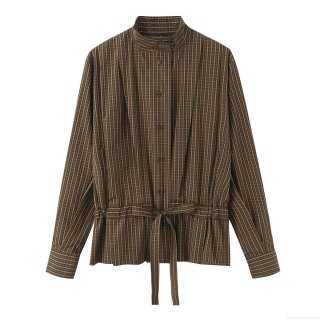 Women's Retro Plaid Checkered Long Sleeve Shirt With Bow Tie Waist Stand Collar Polyester Casual Blouse Top