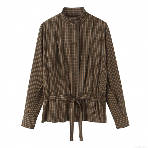 Women's Retro Plaid Checkered Long Sleeve Shirt With Bow Tie Waist Stand Collar Polyester Casual Blouse Top