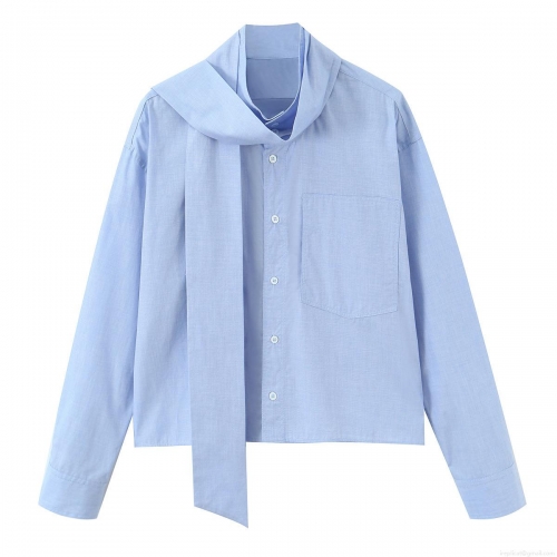 Women's Fashion Casual Long Sleeve Button Down Shirt With Bow Tie Neck Solid Color Polyester Blouse Top With Pocket For Spring Fall Ladies Office Work